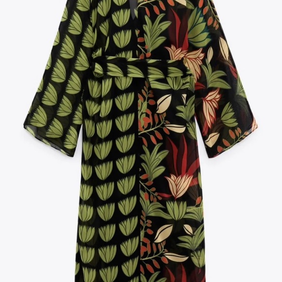 Zara Woman Long Loose-Fitting Shirt Dress With Belt Green - Picture 4 of 5